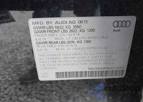 2014 Audi Q5 3.0T Premium Plus из США, поврежденный, VIN WA1DGAFP9EA013008